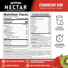 Syntrax Nectar 2lb tub label shows lactose-free, gluten-free protein with zero sugar.
