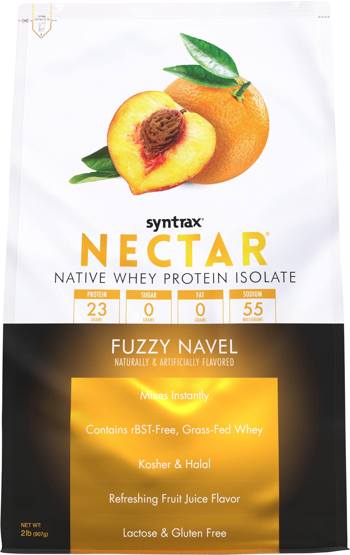 Syntrax Nectar Fuzzy Navel bottle showing a bright, fruity shake ready to drink.