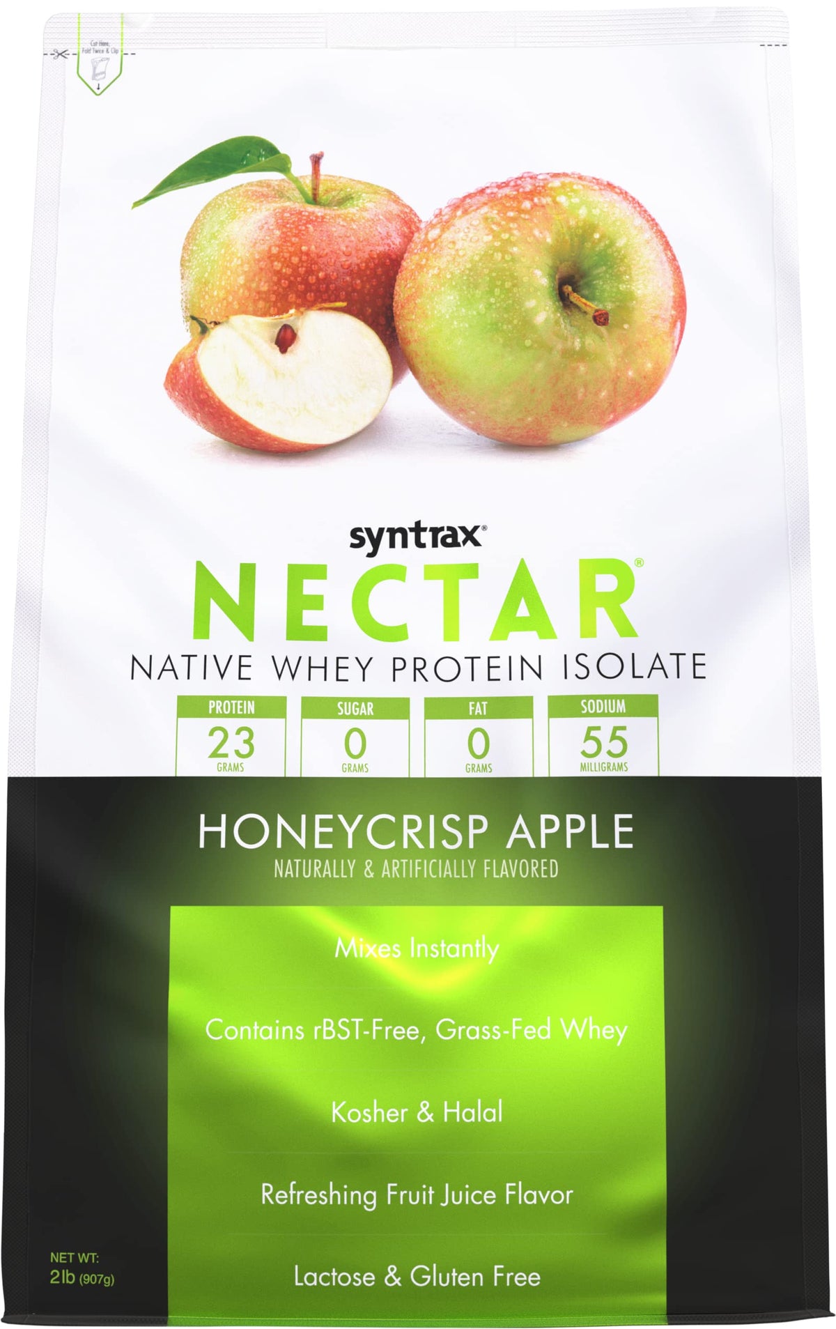 Syntrax Nectar Honeycrisp Apple canister with zero sugar option on kitchen shelf.