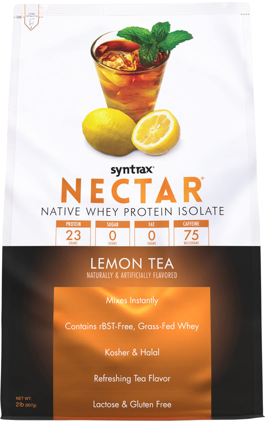 Syntrax Nectar Lemon Tea bottle showing refreshing protein solution for post-workout hydration