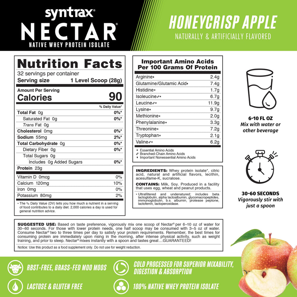 Syntrax Nectar sabor Fuzzy Navel, mezcla fácil para snack proteico rápido.