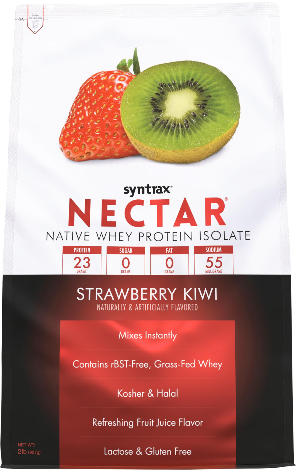 Syntrax Nectar strawberry-kiwi bottle highlights a refreshing, high-protein snack for post-workout.