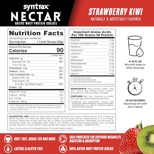 Syntrax Nectar strawberry-kiwi pour glass presents a juice-like protein drink anytime.