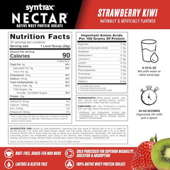 Syntrax Nectar strawberry-kiwi pour glass presents a juice-like protein drink anytime.