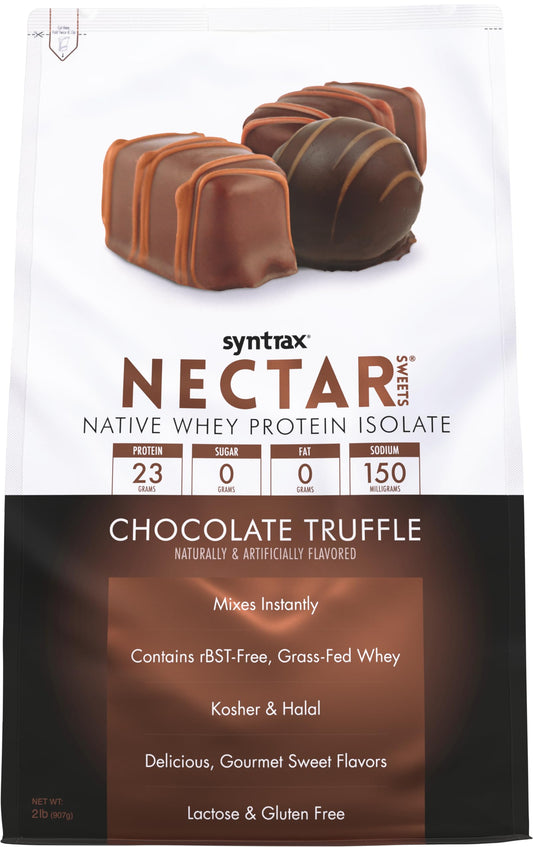 Syntrax Nectar Sweets Chocolate Truffle bottle shows zero carbs and zero fat.