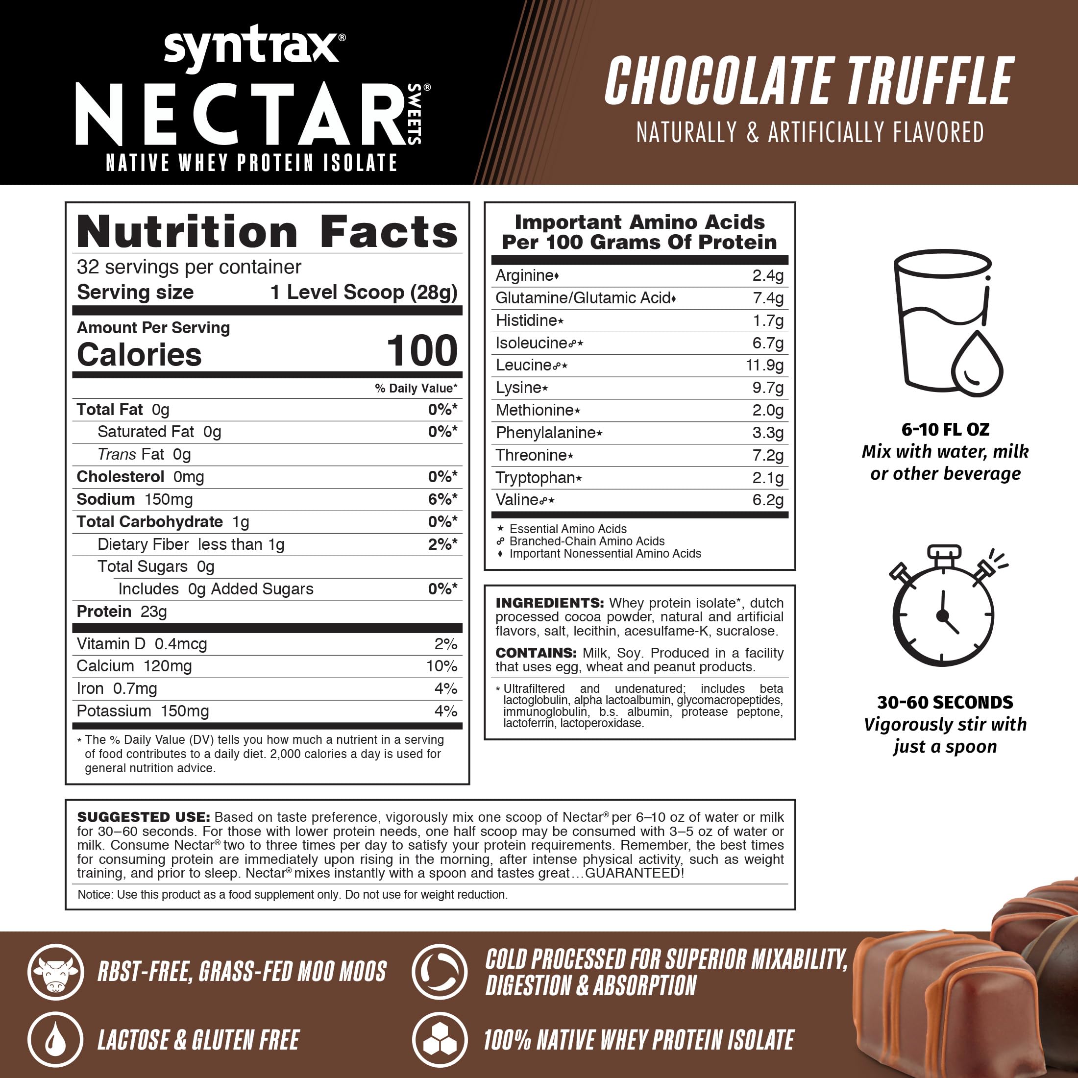 Syntrax Nectar Sweets powder scoop emphasizes premium whey isolate quality.