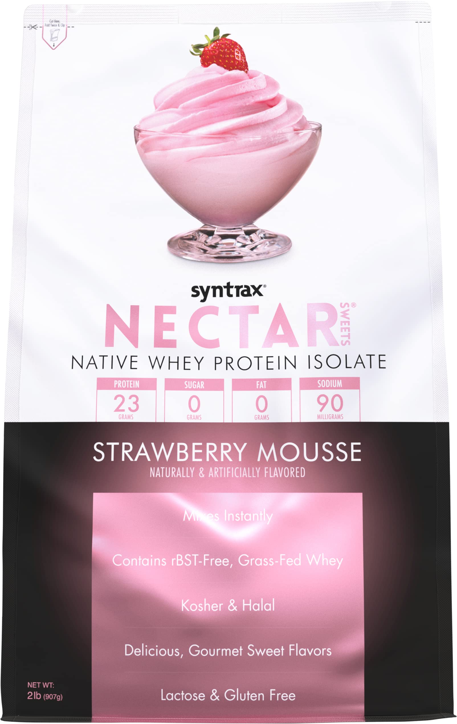 Syntrax Nectar Sweets Strawberry Mousse bottle offers zero-carb protein refreshment after workouts.