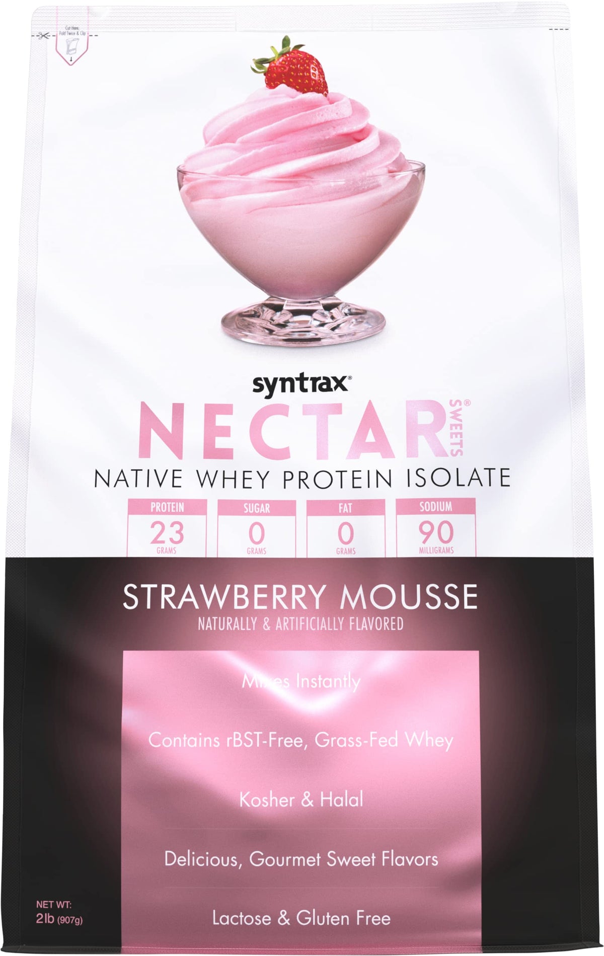 Syntrax Nectar Sweets Strawberry Mousse bottle offers zero-carb protein refreshment after workouts.