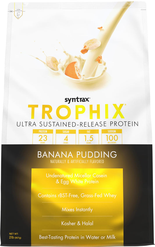 Syntrax Trophix Banana Pudding tub close-up highlights premium protein blend
