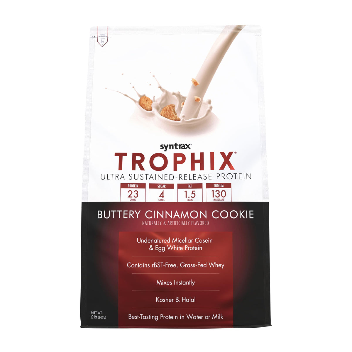 Syntrax Trophix bottle-front highlighting sustained-release protein blend