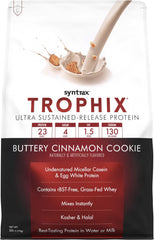 Syntrax Trophix canister with buttery cinnamon cookie flavor, ultra-sustained protein for daily recovery.