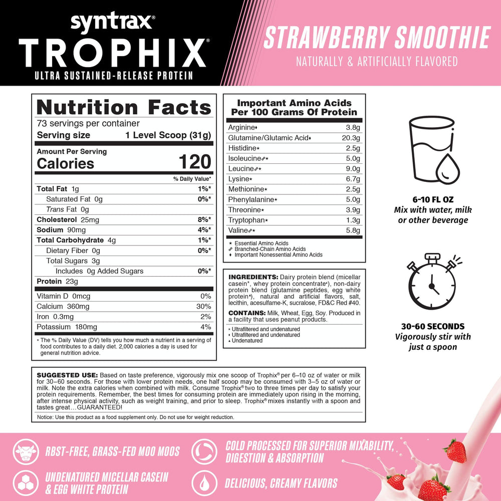 Syntrax Trophix creamy shake in glass, ideal with water or milk
