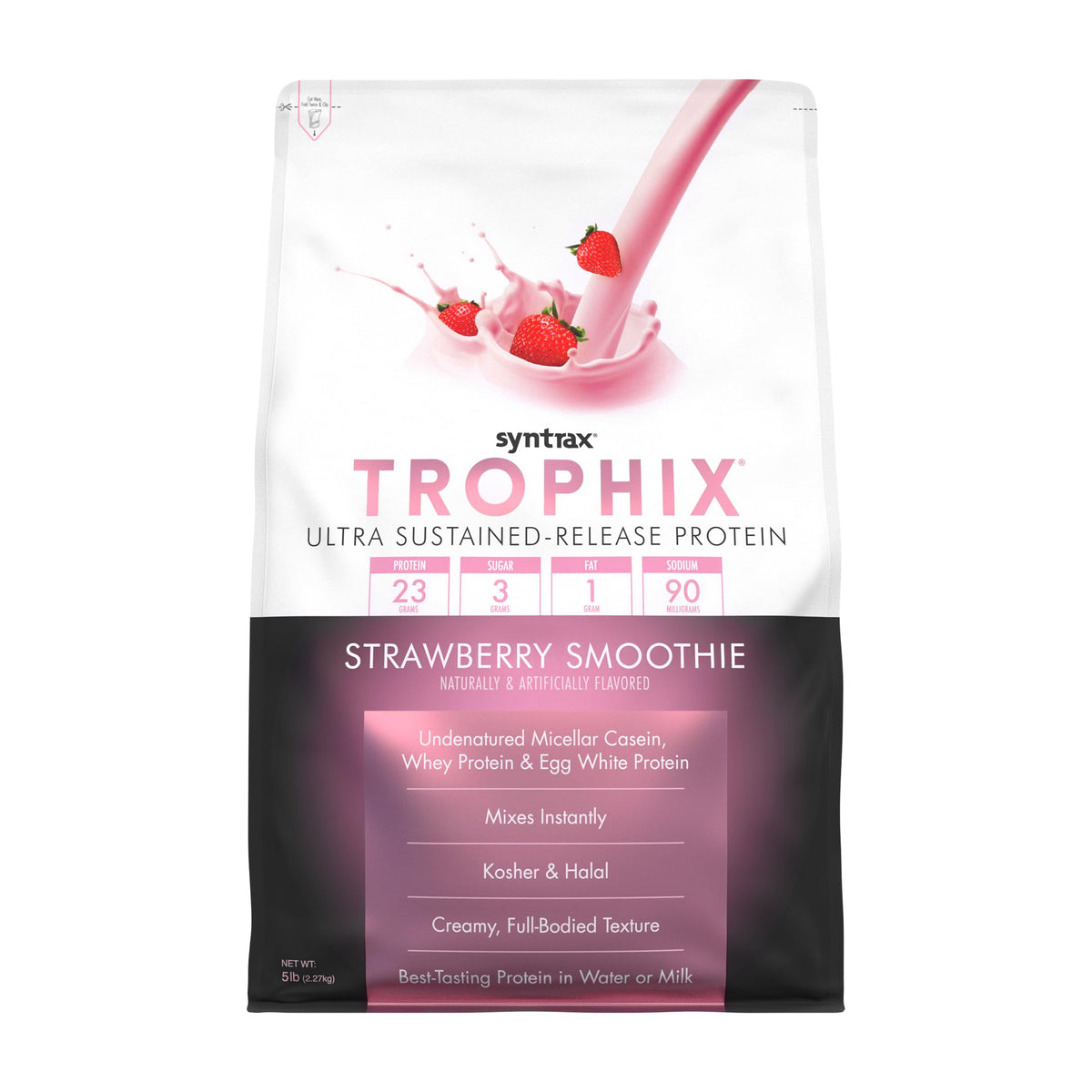 Syntrax Trophix strawberry smoothie bottle ready for post-workout nourishment