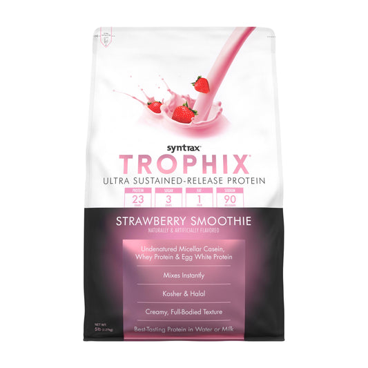Syntrax Trophix strawberry smoothie bottle ready for post-workout nourishment
