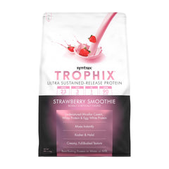 Syntrax Trophix strawberry smoothie bottle ready for post-workout nourishment