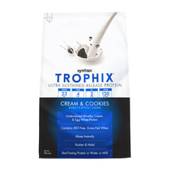 Syntrax Trophix bottle highlights ultra sustained-release protein.