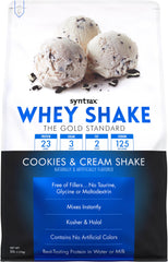 Syntrax Whey Shake Cookies and Cream bottle highlights premium grass-fed whey.