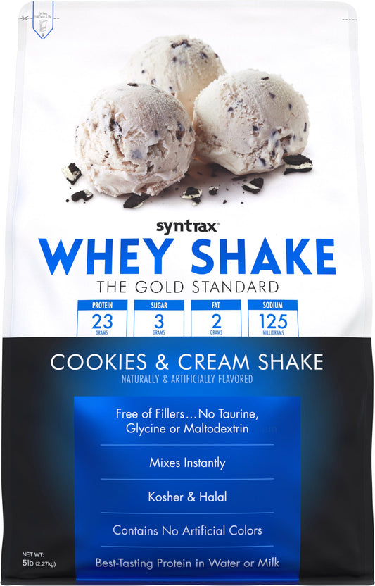 Syntrax Whey Shake Cookies & Cream bottle highlights premium protein for daily use