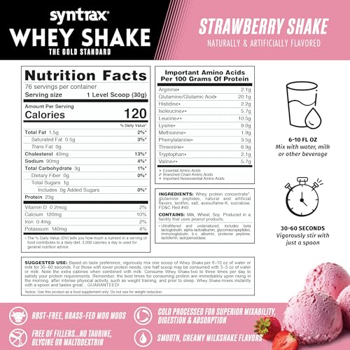Syntrax Whey Shake powder container emphasizes grass-fed, rBST-free protein quality.