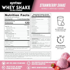 Syntrax Whey Shake powder container emphasizes grass-fed, rBST-free protein quality.