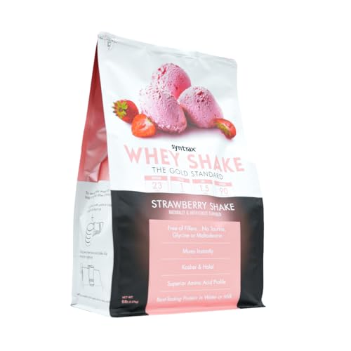 Syntrax Whey Shake strawberry shake bottle highlights convenient pre- or post-workout fueling.