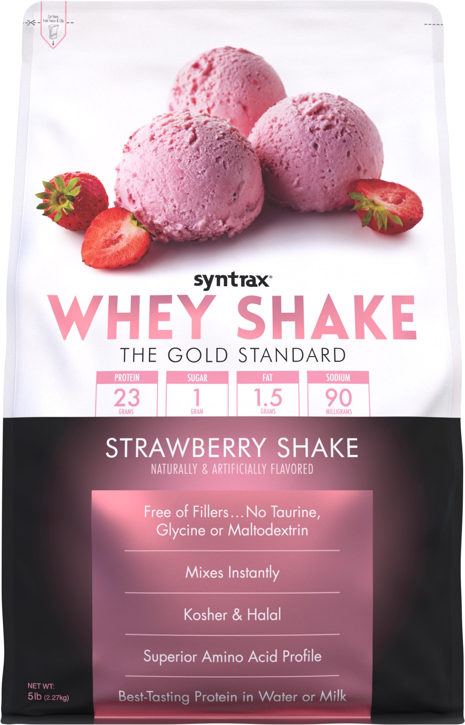 Syntrax Whey Shake strawberry shake in glass delivers high-quality protein for daily nutrition.