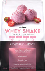 Syntrax Whey Shake strawberry shake in glass delivers high-quality protein for daily nutrition.