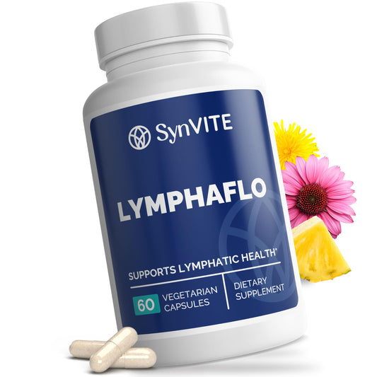 SYNVITE LymphaFlo bottle pour supports daily lymphatic balance and convenient consumption.