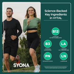 SYONA VYTAL pump-action spray in use during workout warm-up to boost focus.
