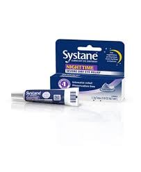 Systane Nightime Eye Ointment on sleeping eyes for protective moisture barrier.
