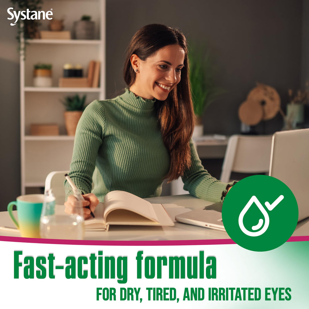 Bottle of Systane Ultra in hand ready to deliver quick moisture.