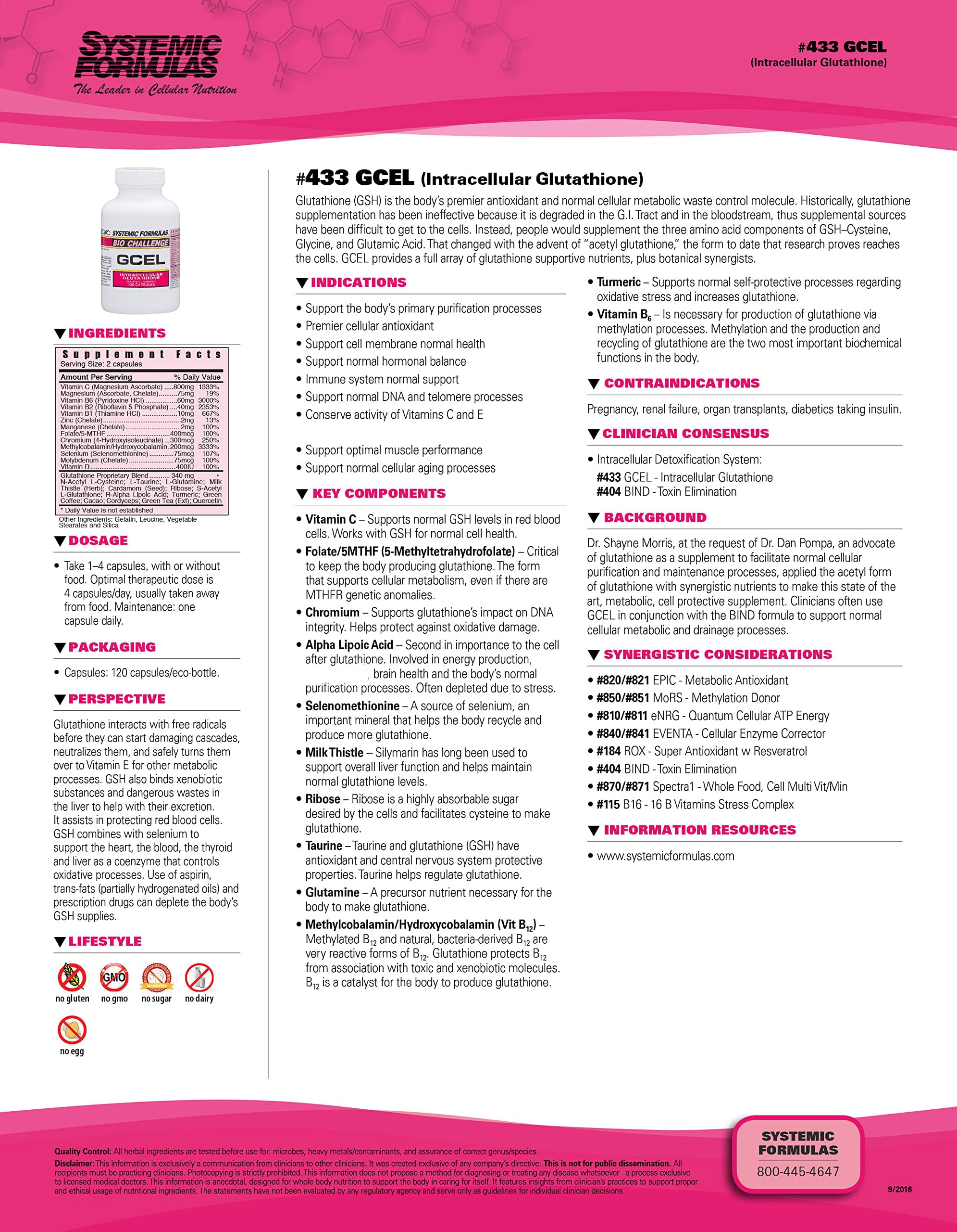 Systemic Formulas GCEL bottle back label highlights ingredients for cellular wellness.