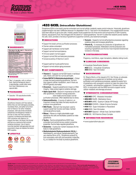 Systemic Formulas GCEL bottle back label highlights ingredients for cellular wellness.