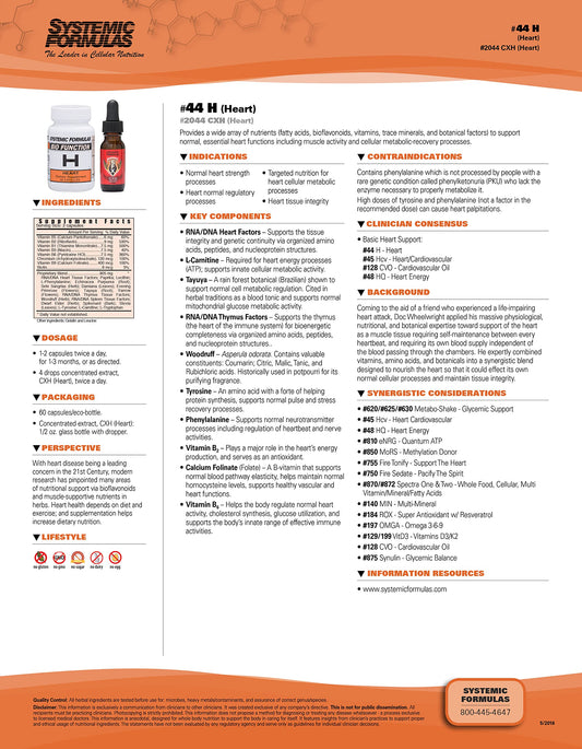 Systemic Formulas 44 Heart bottle label highlights ingredients and usage guidance.
