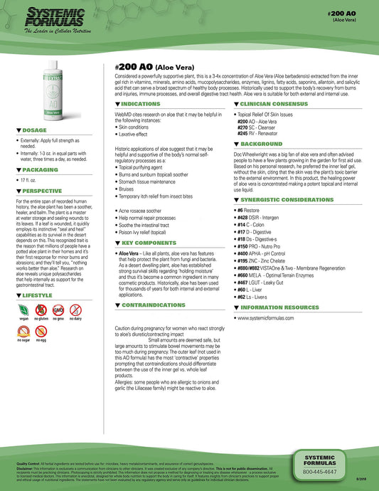 Systemic Formulas AO BioExtract 200 label detail emphasizes rich inner gel source.