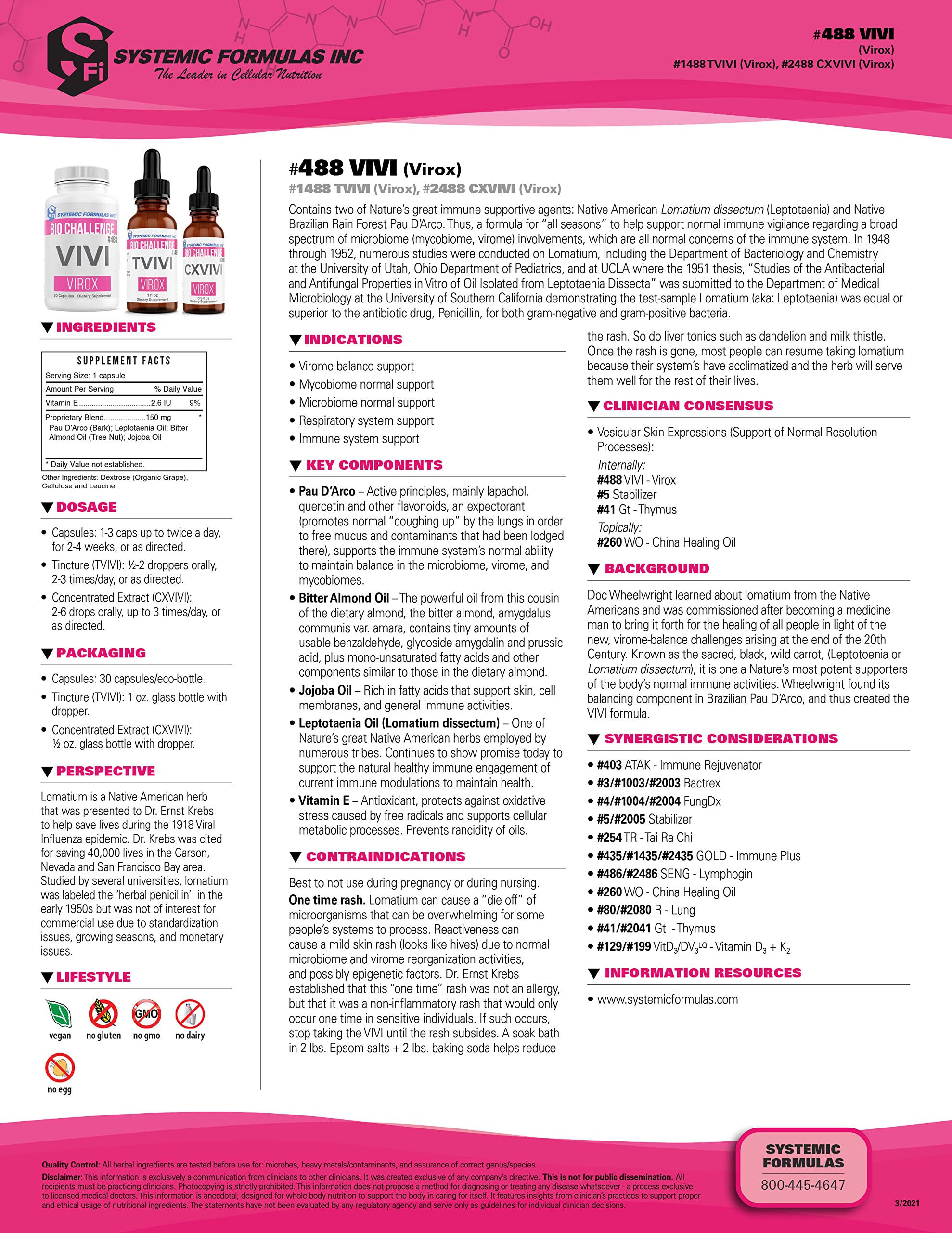 Systemic Formulas VIVI Virox ingredients feature Lomatium and PAU D’Arco.