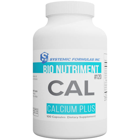 Systemic Formulas CAL Calcium Plus bottle and label highlighting a complete calcium source for bone support