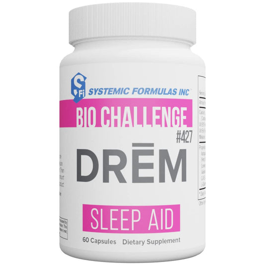 Systemic Formulas DReM Sleep Aid bottle on nightstand promotes calm pre-bed routine.