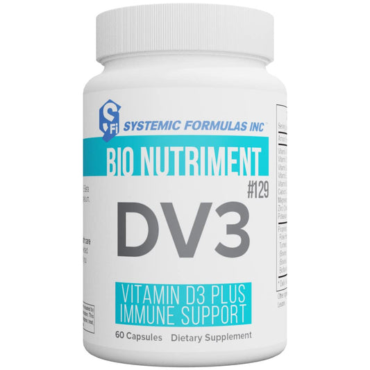 Systemic Formulas DV3 bottle and label highlighting immune support potential.