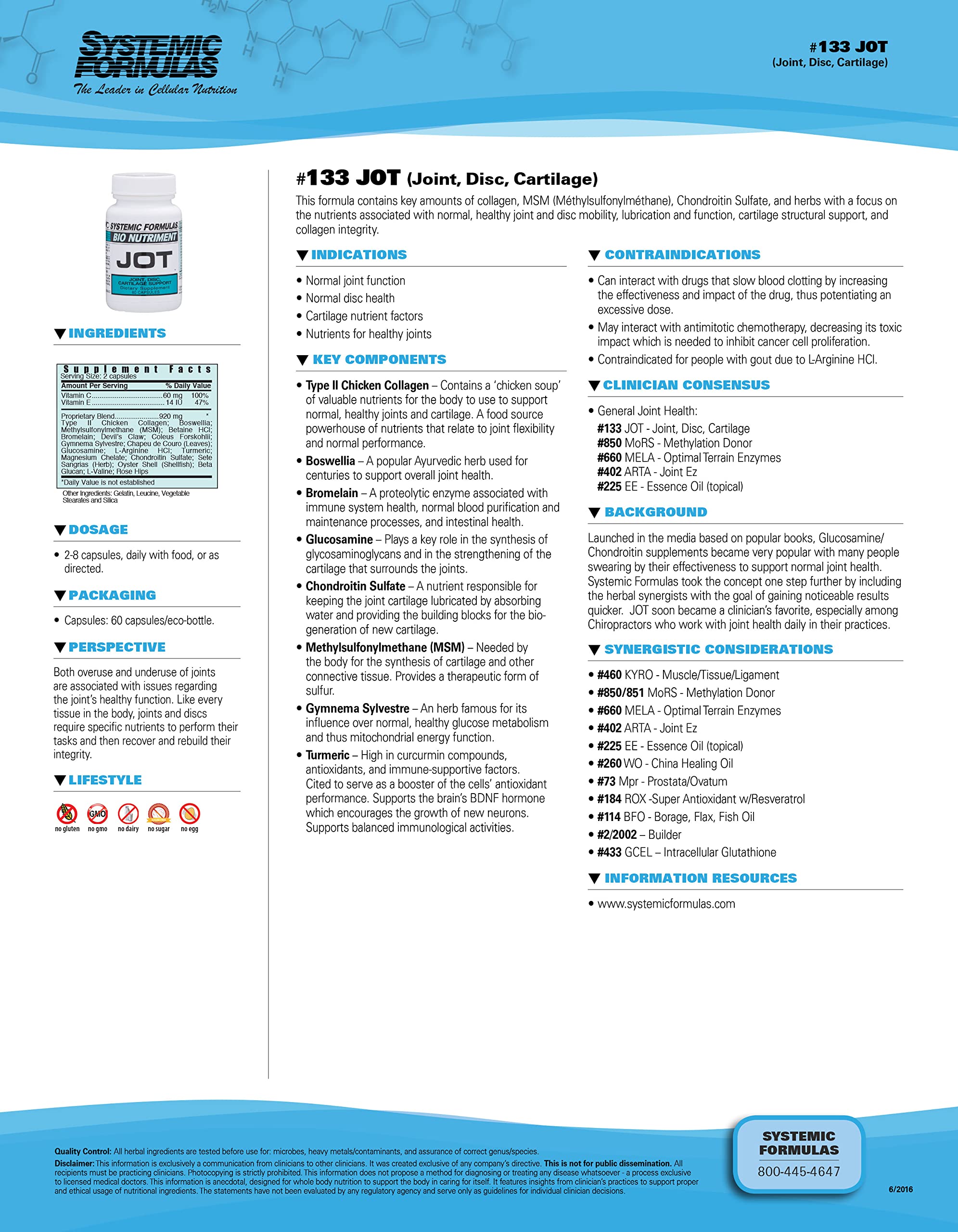 Systemic Formulas JOT capsules closeup showing collagen and MSM for cartilage care