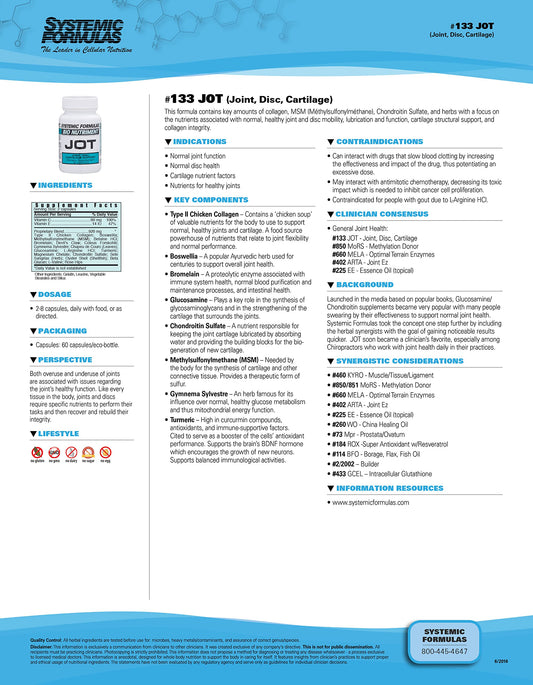 Systemic Formulas JOT capsules closeup showing collagen and MSM for cartilage care
