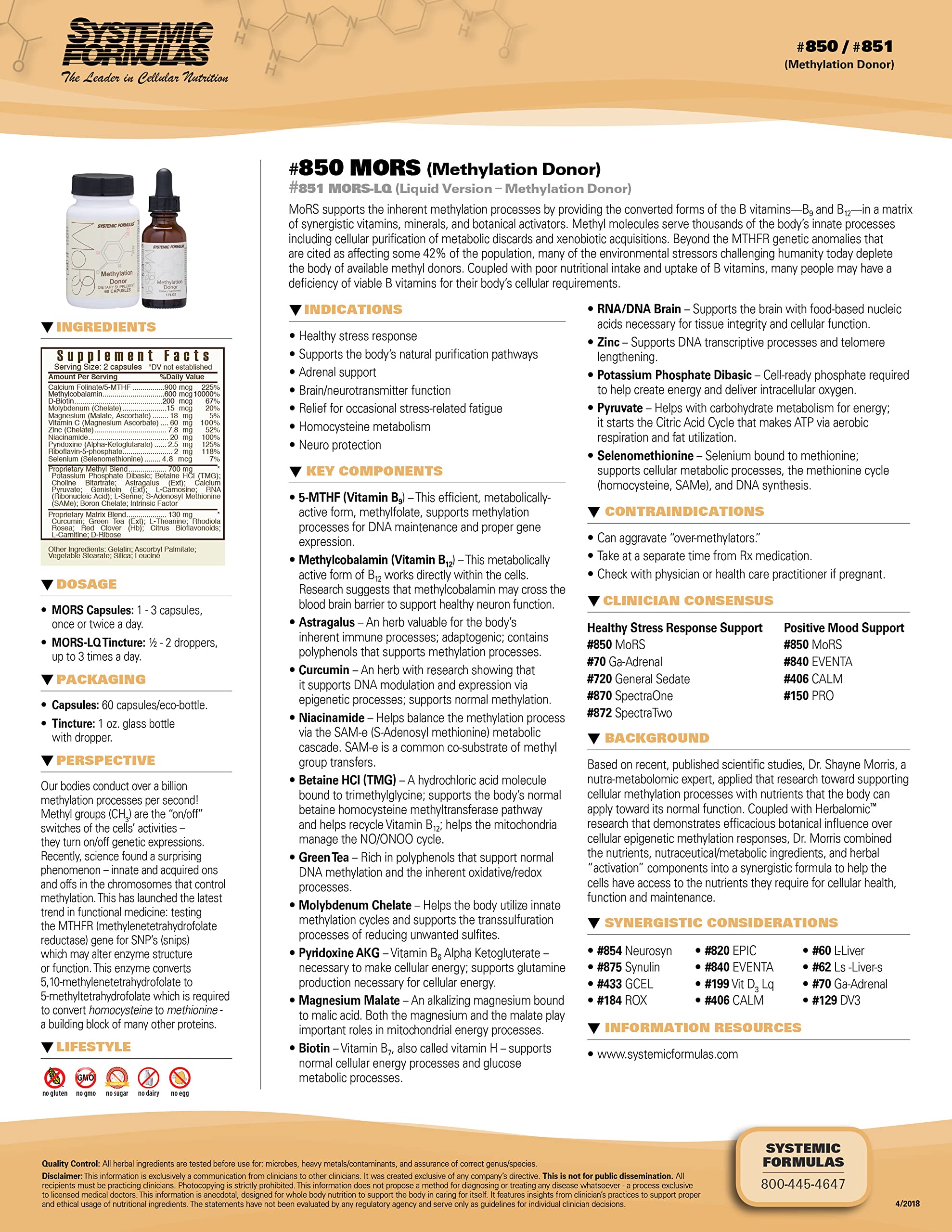 Systemic Formulas MORS LQ bottle label closeup, ingredients and values shown.