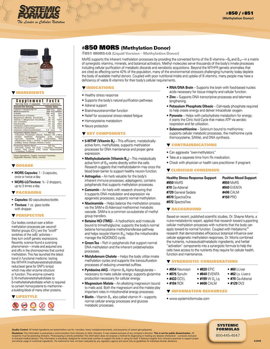 Systemic Formulas MORS LQ bottle label closeup, ingredients and values shown.