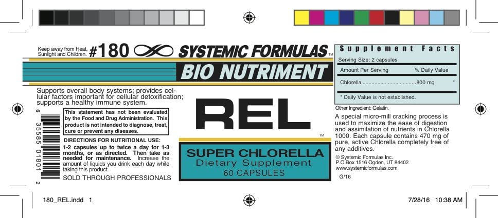Systemic Formulas REL - CHLORELLA detox visuals suggest cleansing routines.
