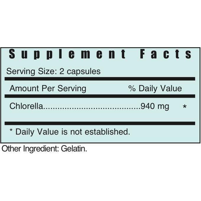 Systemic Formulas REL - CHLORELLA label closeup highlighting ingredients and benefits.