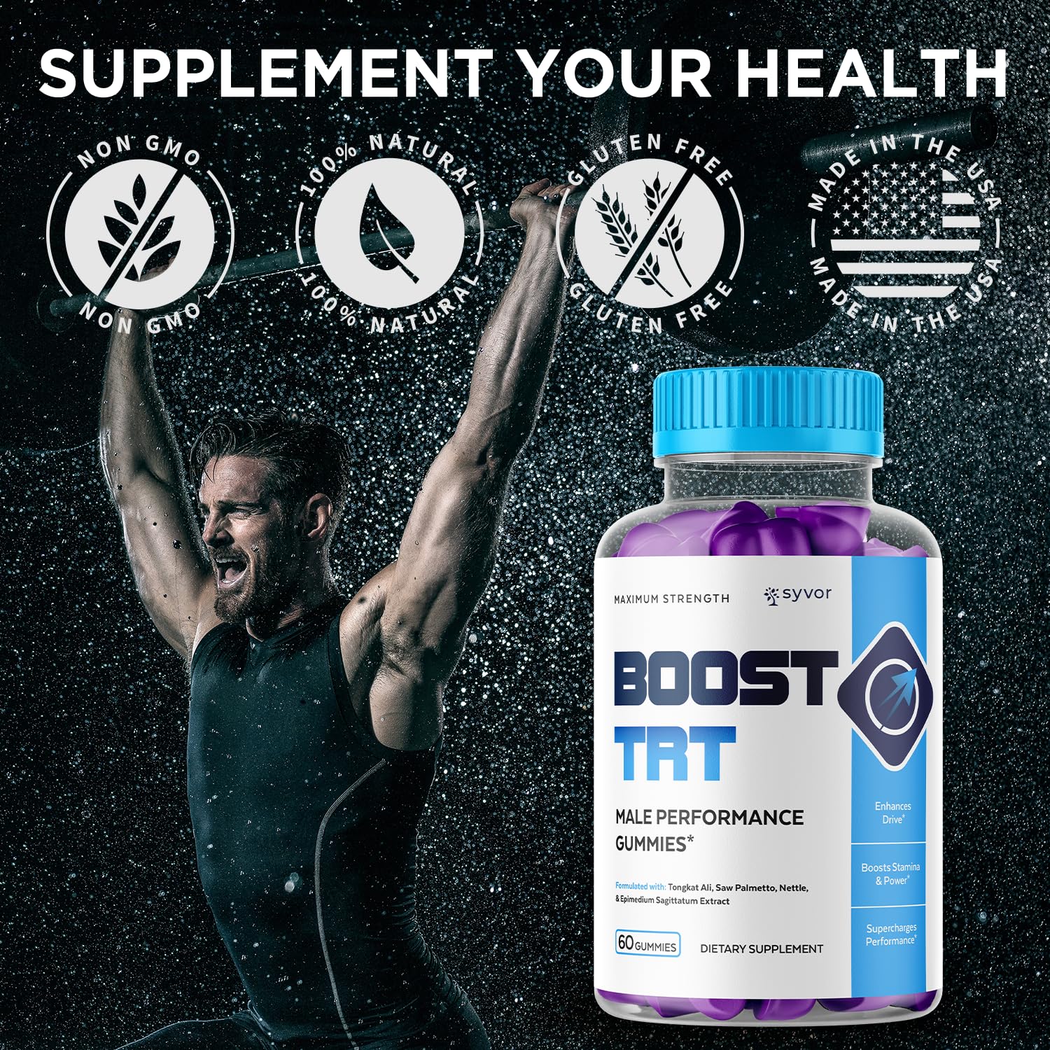 Flatlay of Syvor Boost TRT Gummies packaging for an on-the-go routine