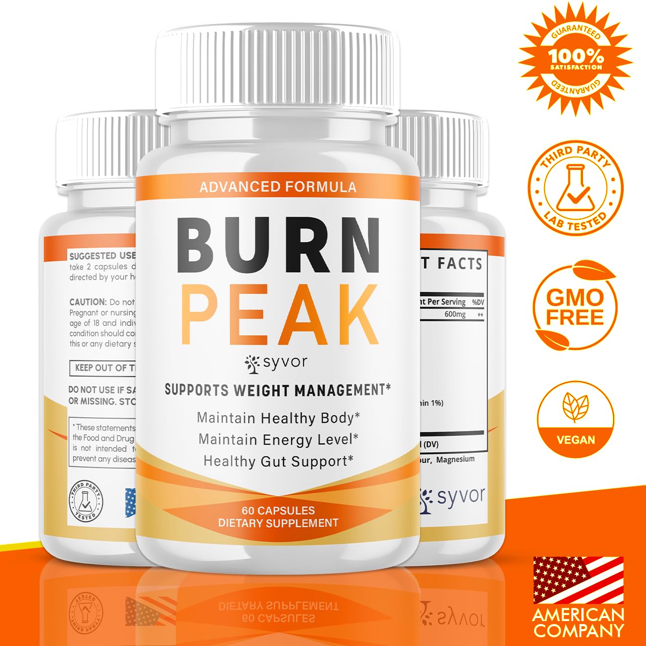 Syvor Burn Peak capsules closeup highlighting natural ingredients and compact form