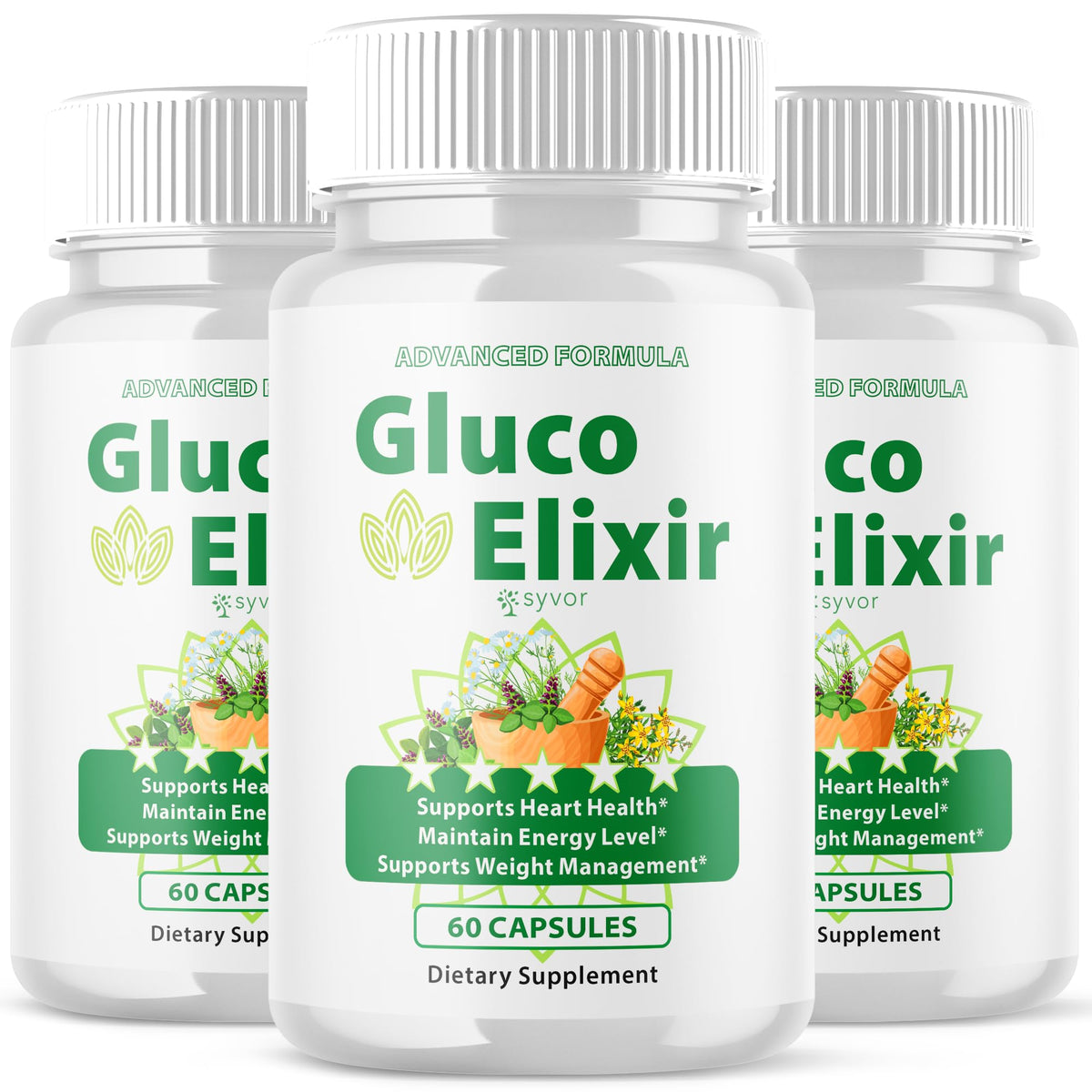 Syvor Gluco Elixir bottle with capsules highlighting natural ingredients for daily wellness
