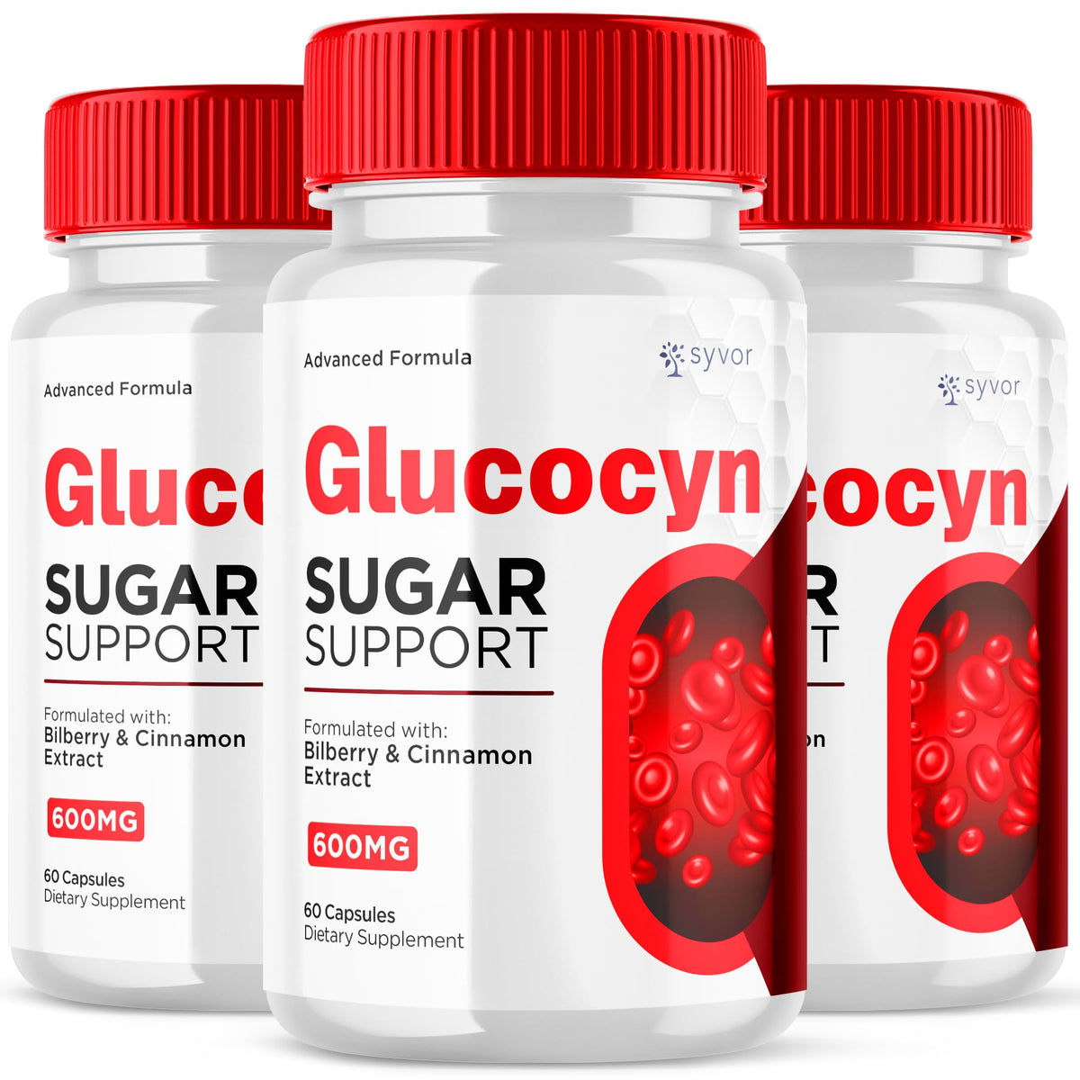 Syvor Glucocyn bottle front showing natural ingredients for daily vitality.