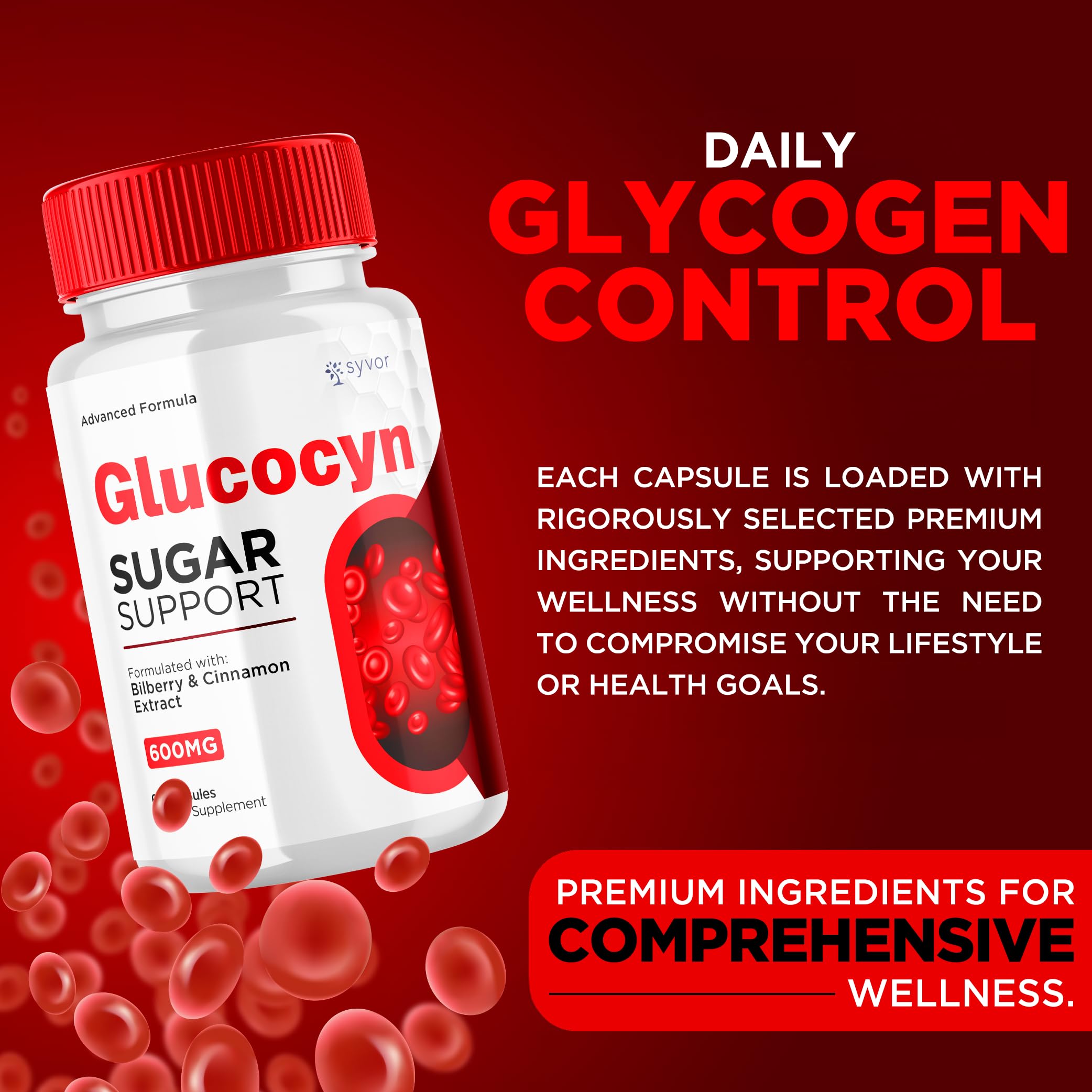 Syvor Glucocyn capsules close-up for active lifestyle support.
